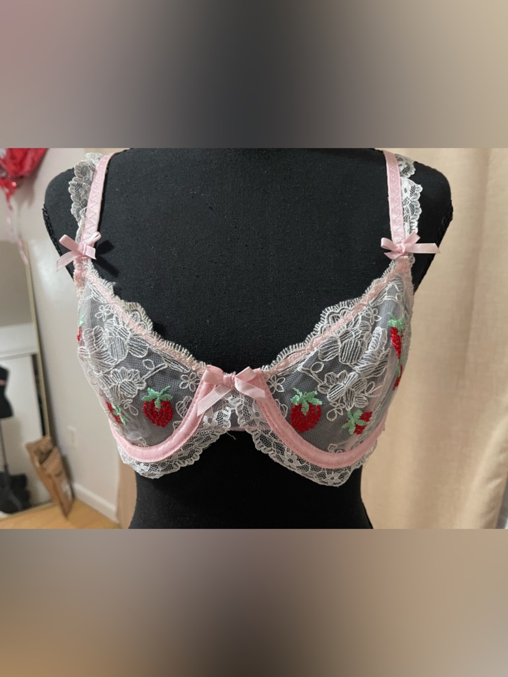 Pink Lace Strawberry Embroidered Underwire Bra